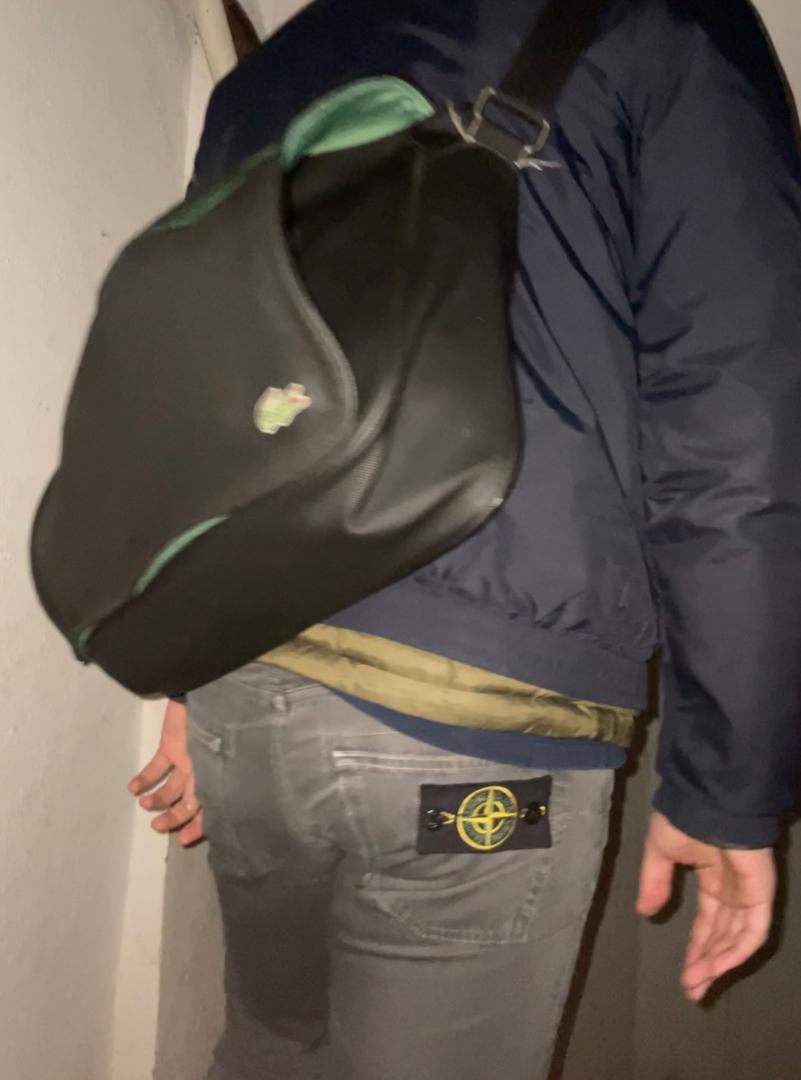 Dark outfit with bag and Stone Island